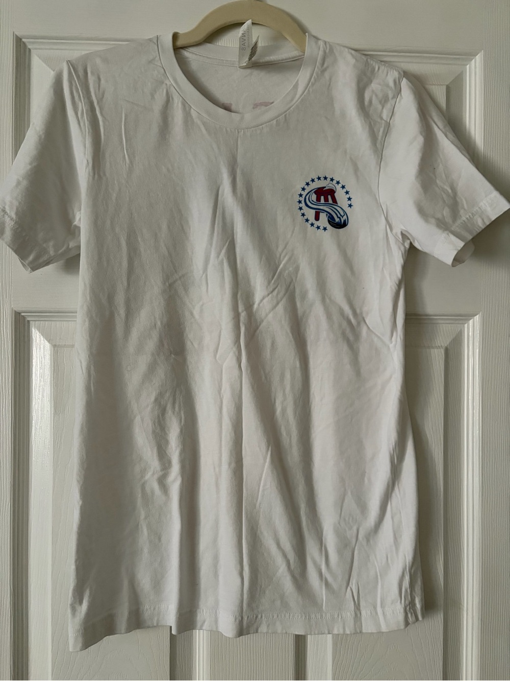 Women's White Short Sleeve Tee with Red & Blue Crest Accent